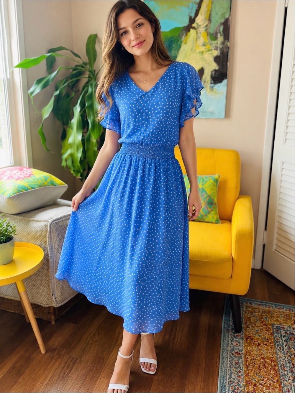 MSK Royal Blue Polka Dot V-Neck Midi Dress